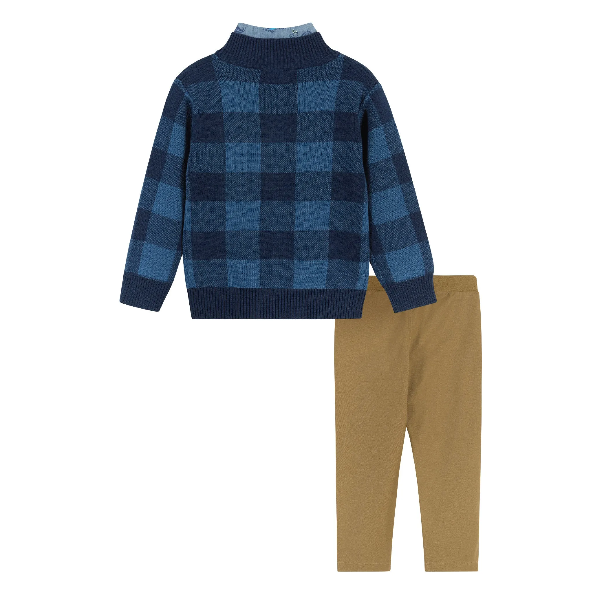 3-Piece Check Intarsia Sweater Zip-Up Set  | Navy