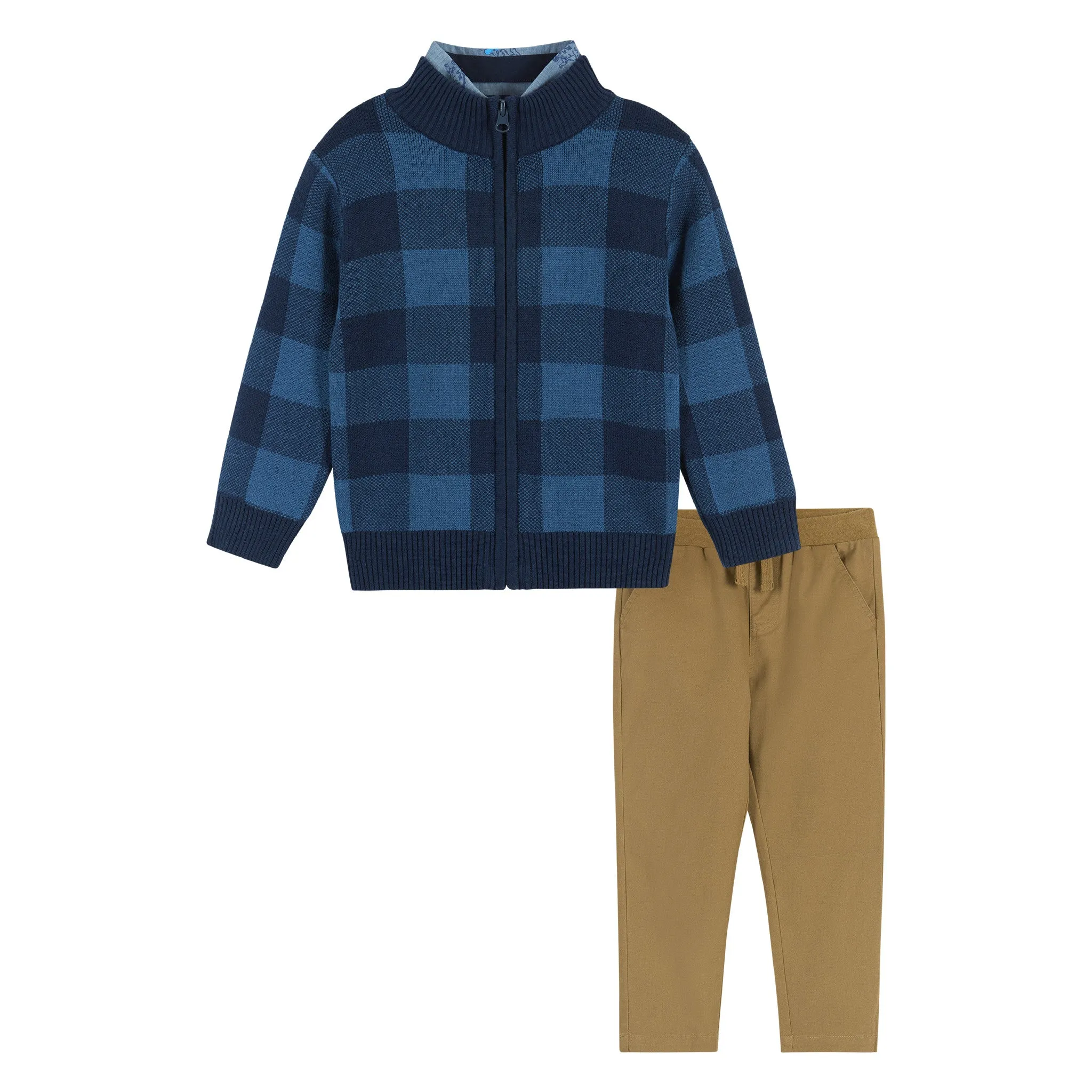 3-Piece Check Intarsia Sweater Zip-Up Set  | Navy