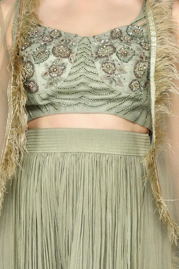 502558 Olive Green Embroidered Crop Top with Palazzo and Feather Cape