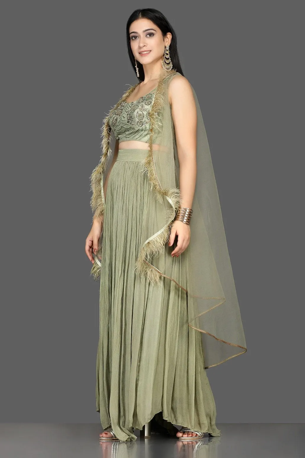 502558 Olive Green Embroidered Crop Top with Palazzo and Feather Cape