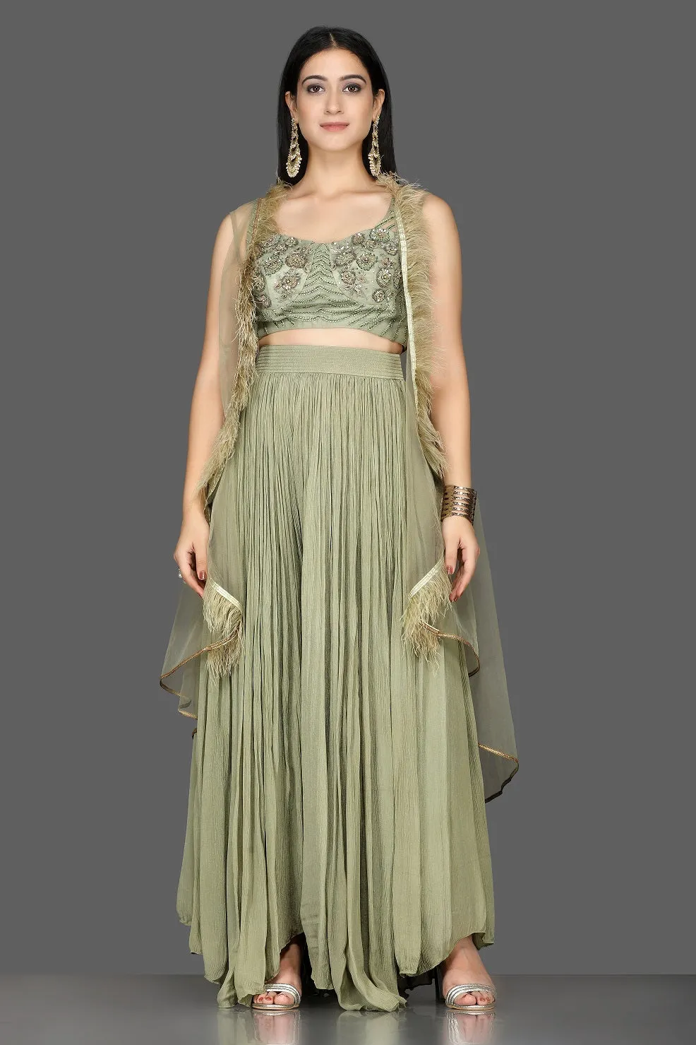 502558 Olive Green Embroidered Crop Top with Palazzo and Feather Cape