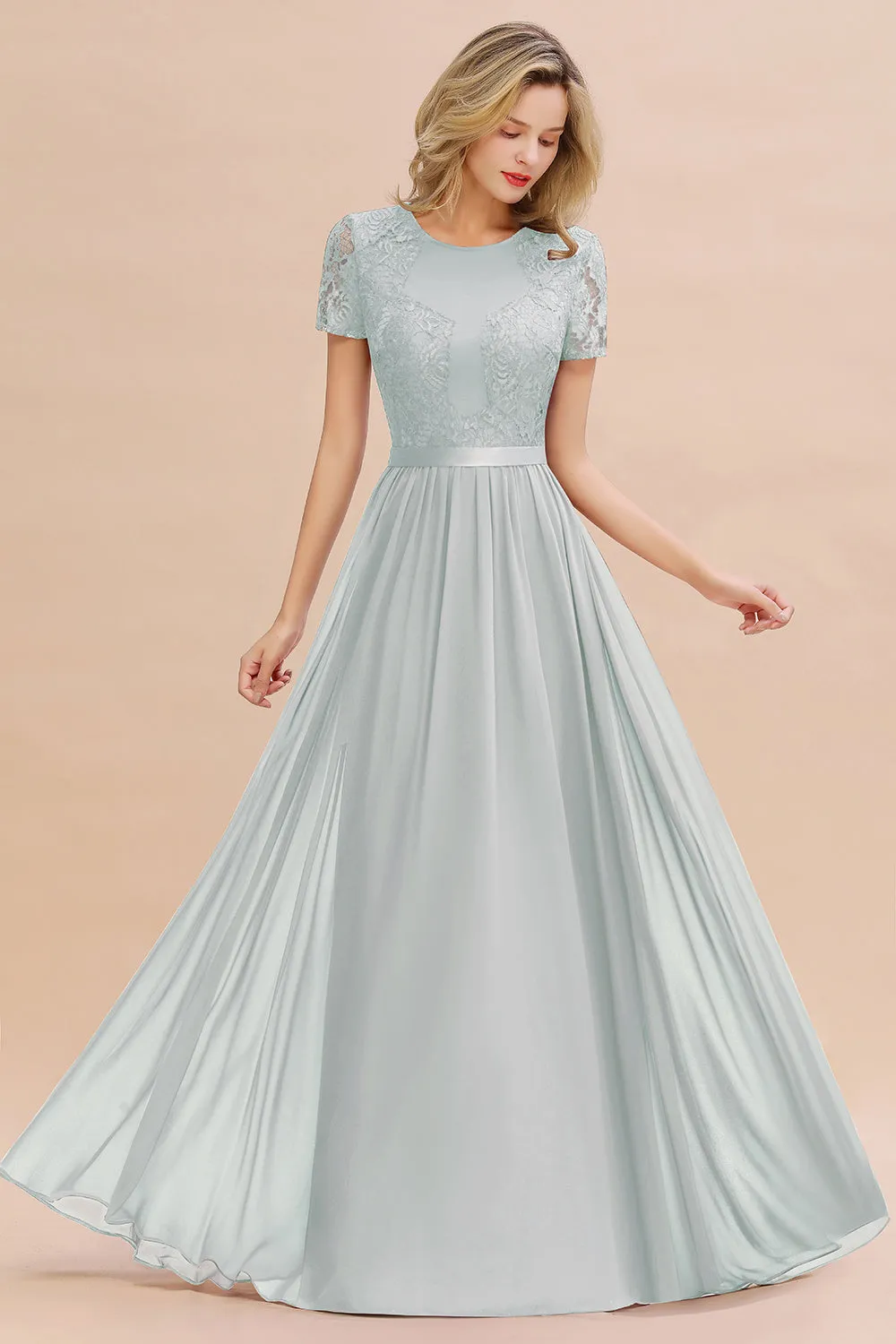 A-line Chiffon Lace Scoop Long Bridesmaid Dress with Sleeves