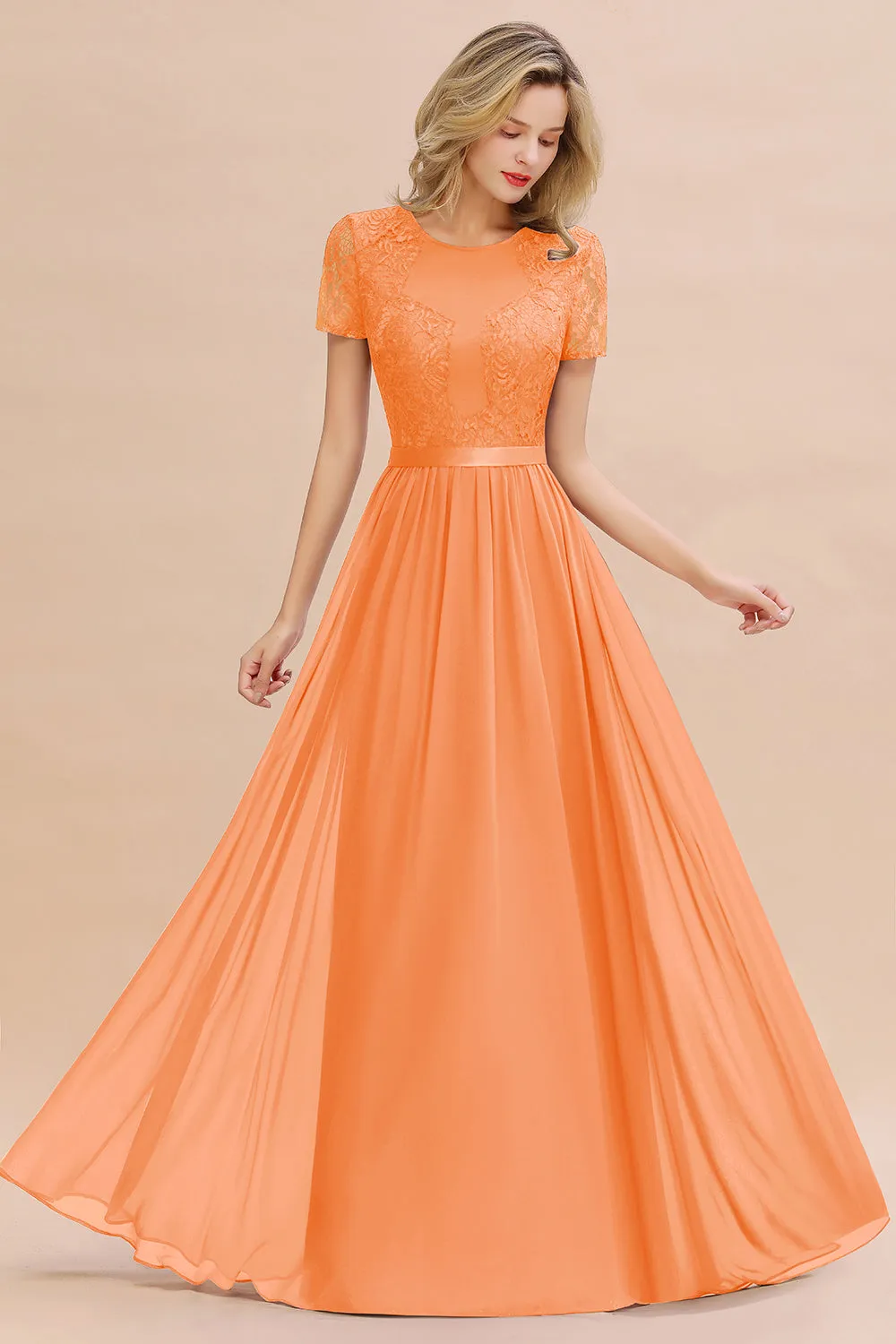 A-line Chiffon Lace Scoop Long Bridesmaid Dress with Sleeves