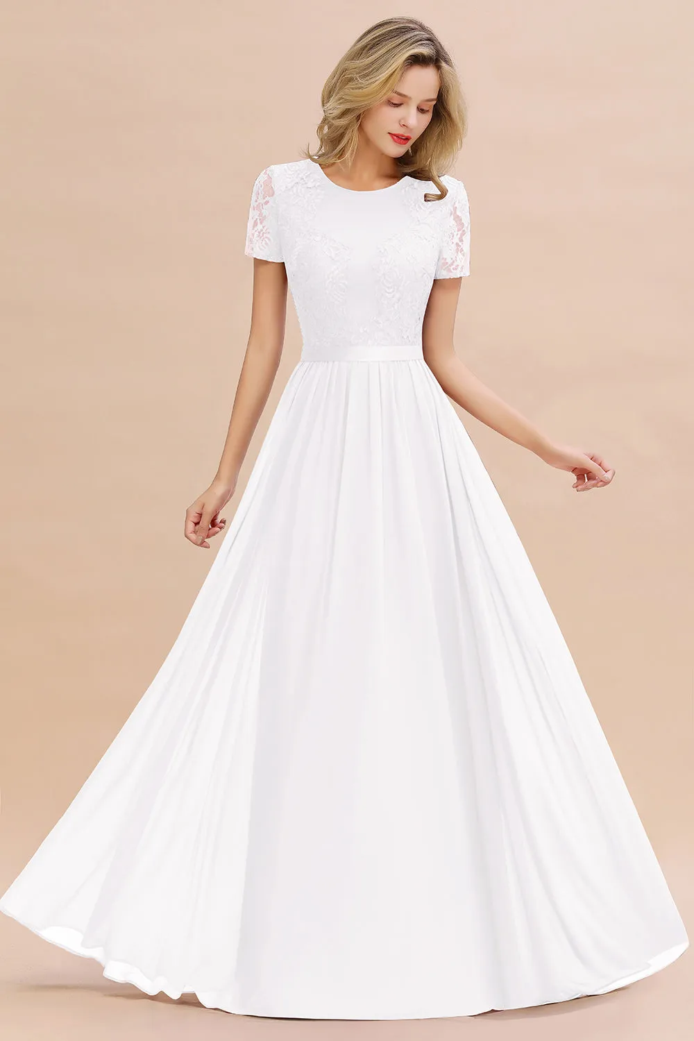 A-line Chiffon Lace Scoop Long Bridesmaid Dress with Sleeves