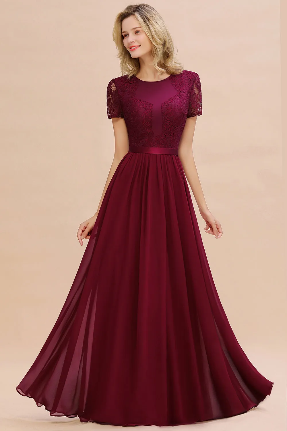 A-line Chiffon Lace Scoop Long Bridesmaid Dress with Sleeves