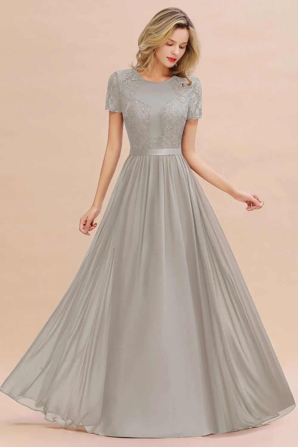 A-line Chiffon Lace Scoop Long Bridesmaid Dress with Sleeves