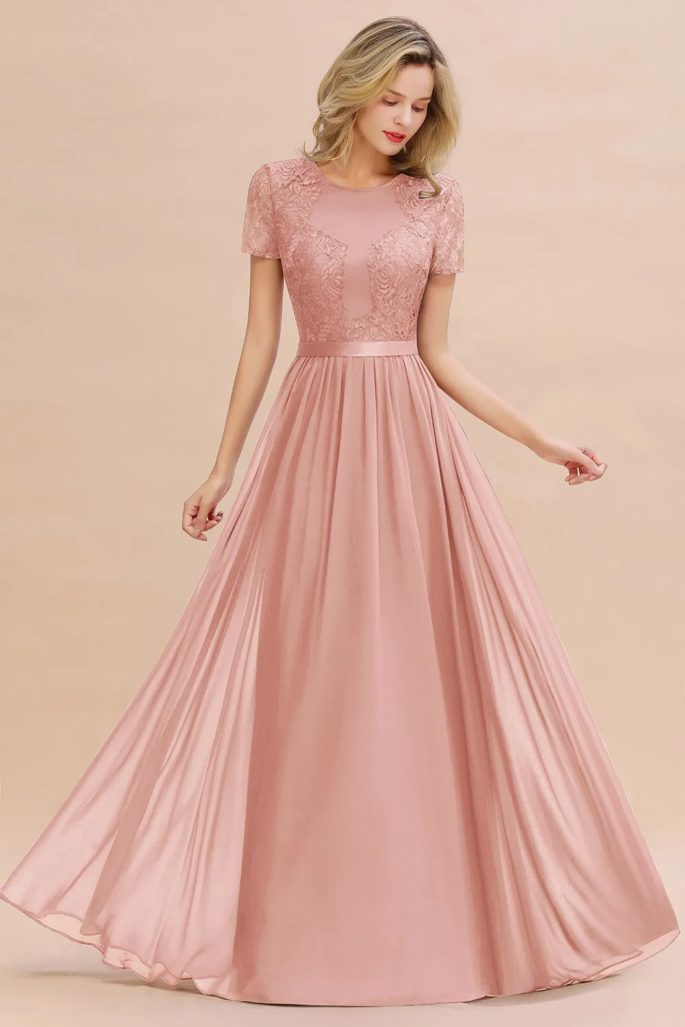 A-line Chiffon Lace Scoop Long Bridesmaid Dress with Sleeves