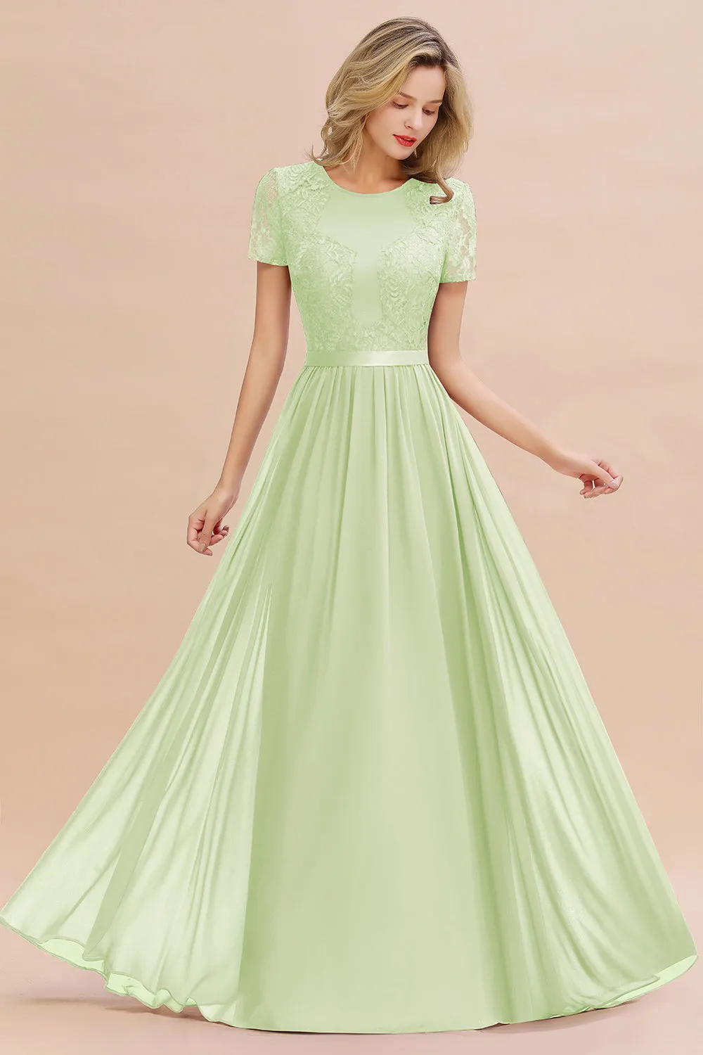 A-line Chiffon Lace Scoop Long Bridesmaid Dress with Sleeves