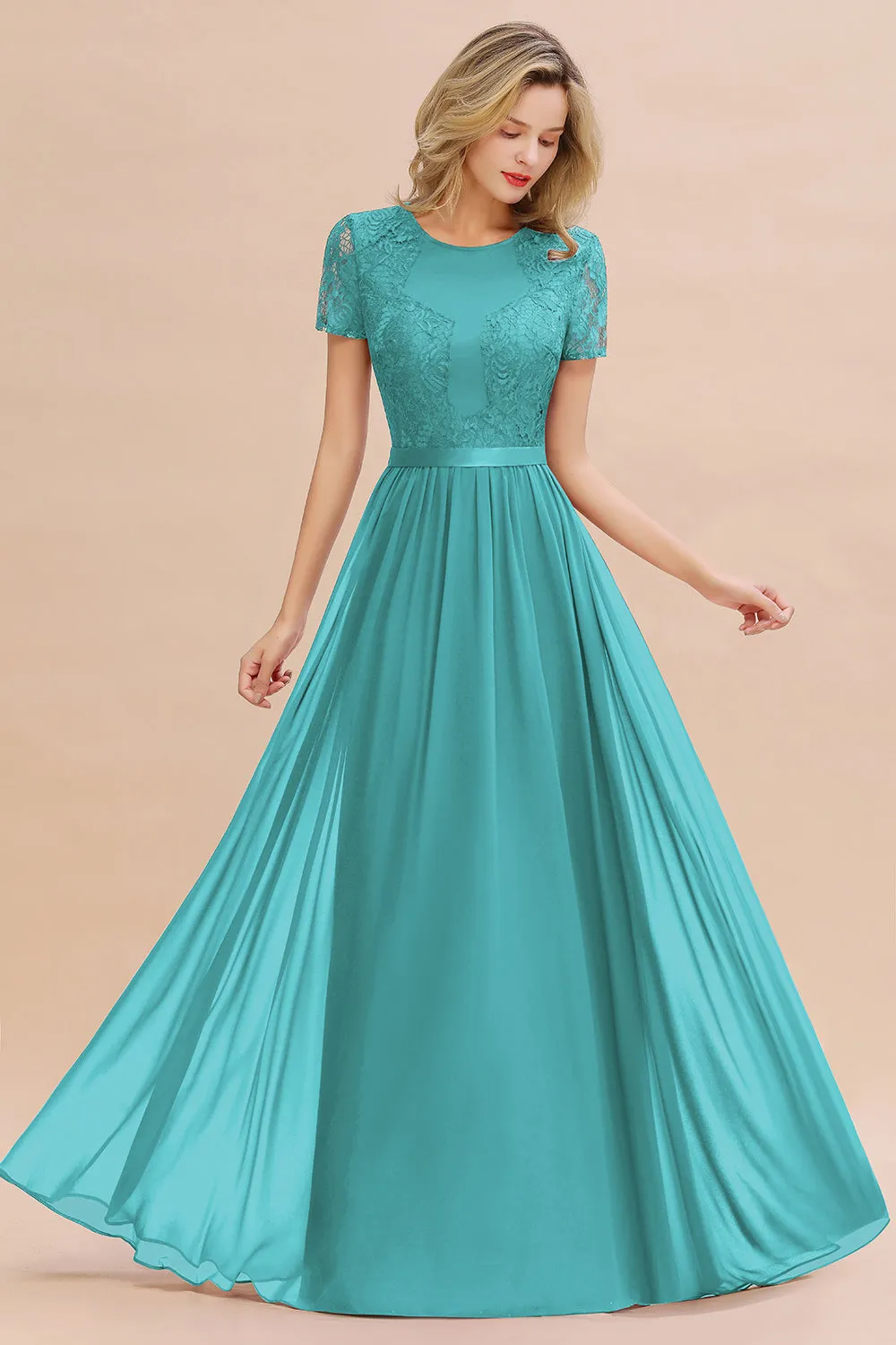 A-line Chiffon Lace Scoop Long Bridesmaid Dress with Sleeves