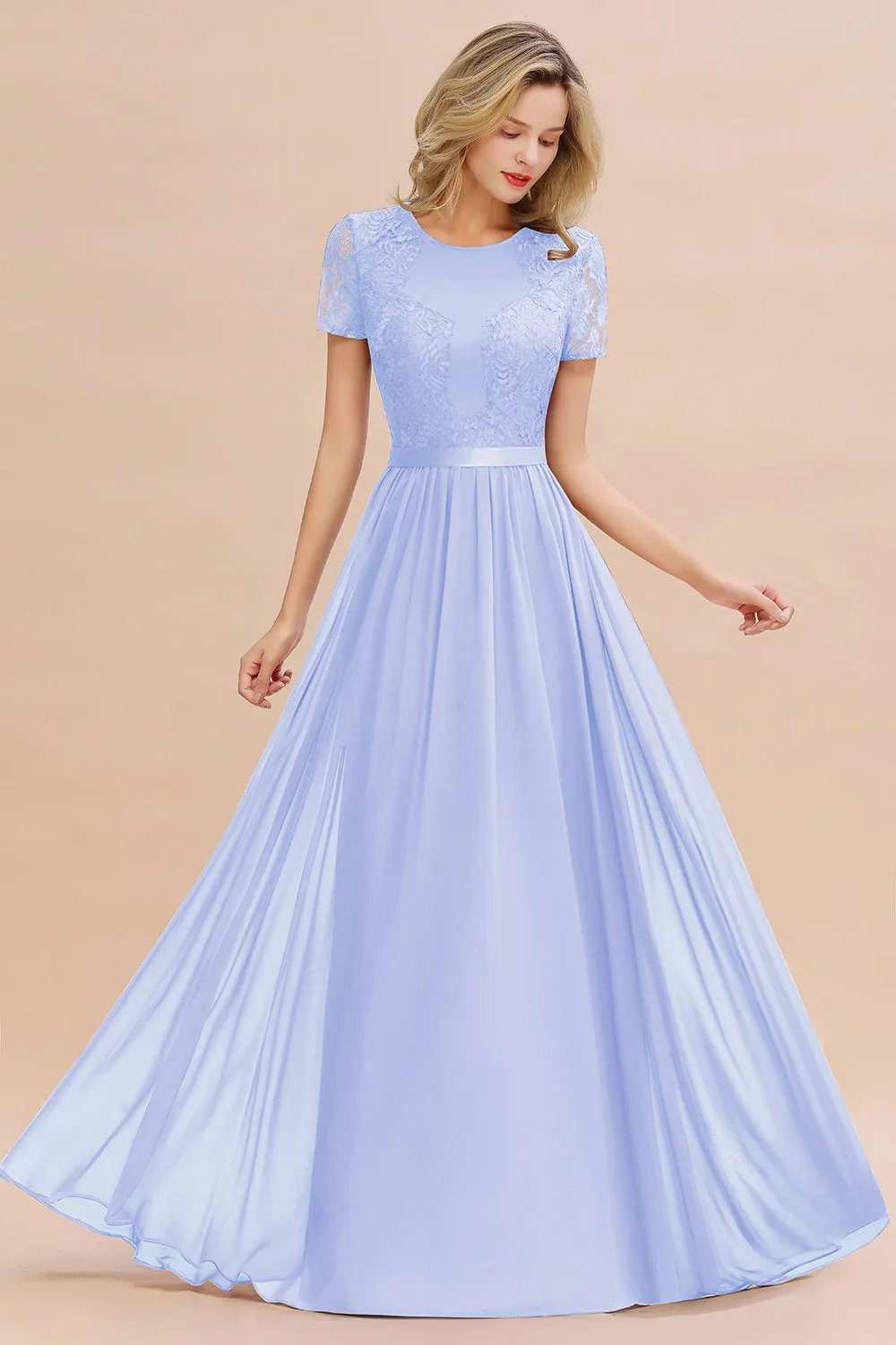 A-line Chiffon Lace Scoop Long Bridesmaid Dress with Sleeves