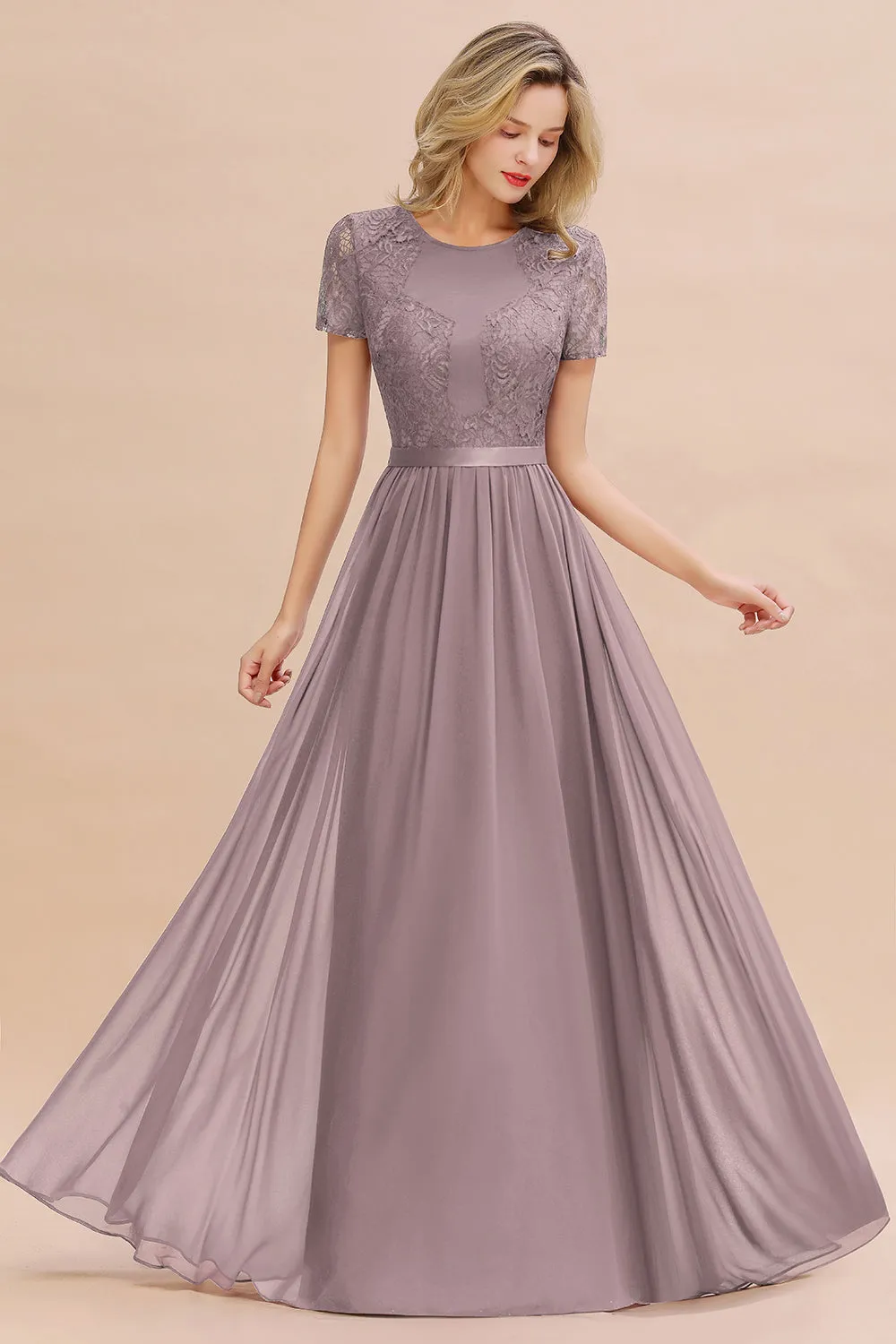 A-line Chiffon Lace Scoop Long Bridesmaid Dress with Sleeves