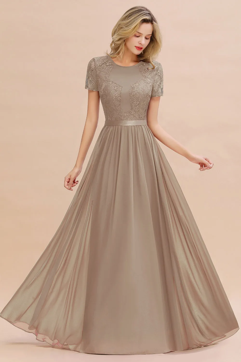 A-line Chiffon Lace Scoop Long Bridesmaid Dress with Sleeves