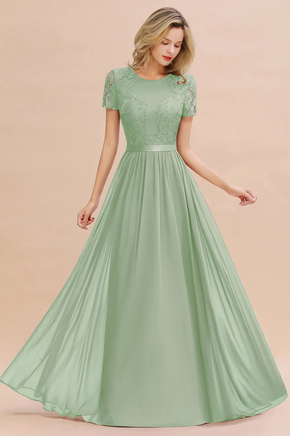 A-line Chiffon Lace Scoop Long Bridesmaid Dress with Sleeves