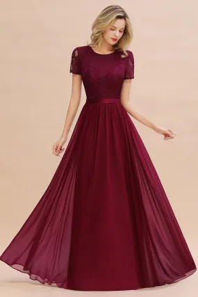 A-line Chiffon Lace Scoop Long Bridesmaid Dress with Sleeves