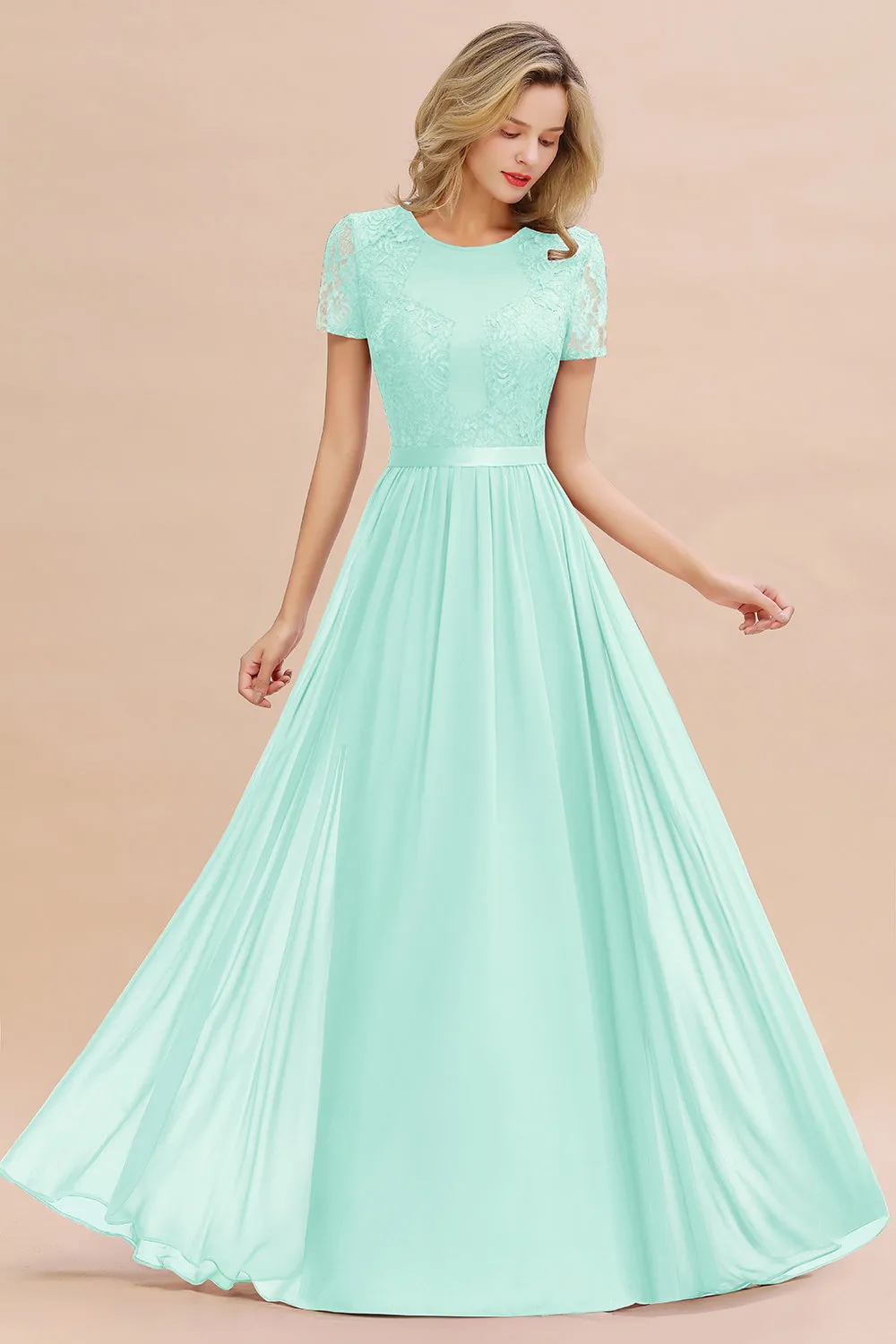 A-line Chiffon Lace Scoop Long Bridesmaid Dress with Sleeves