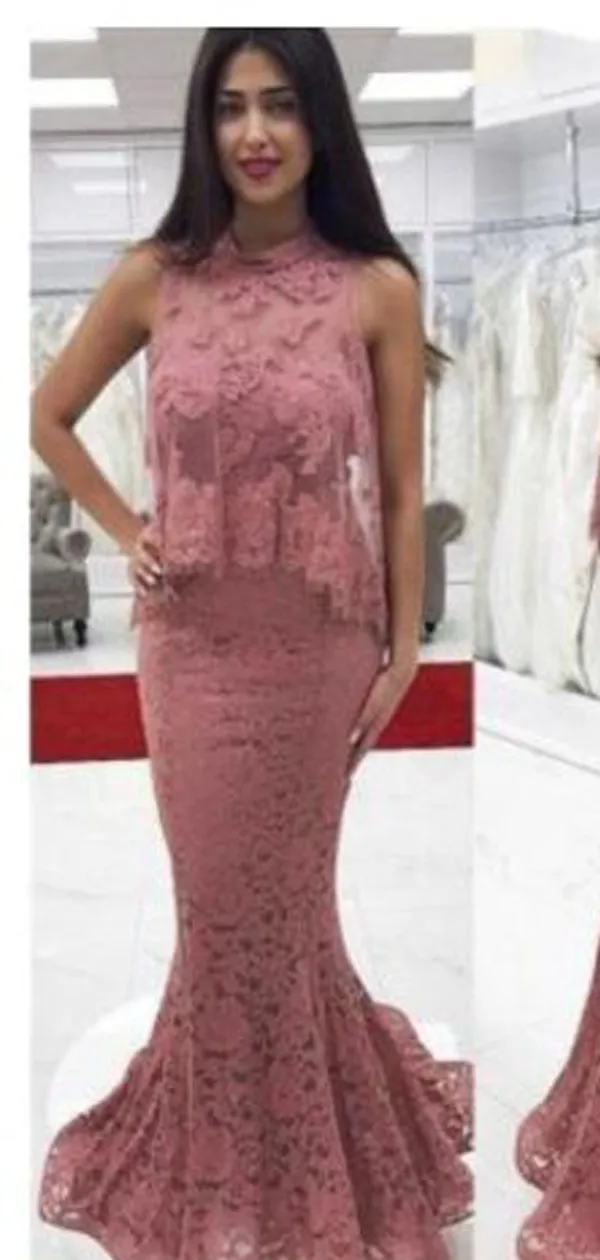 Affordable Pink High Neck Lace Two Piece Prom Dresses Evening Dresses.DB10027