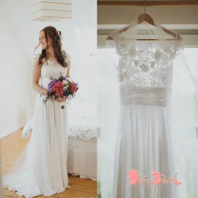 Affordable Simple Round Neck Cap Sleeve See Through Lace Top Chiffon A-line Wedding Dresses,DB0121