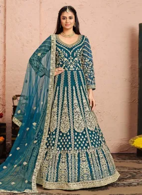 Amazing Look Zari Work Blue Color Soft Net Base Designer Gown