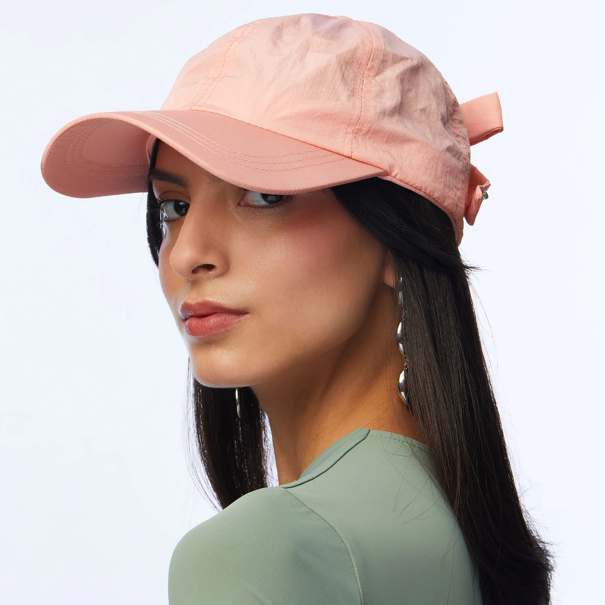 APRICOT BOW EMBELLISHED NYLON BASEBALL CAP