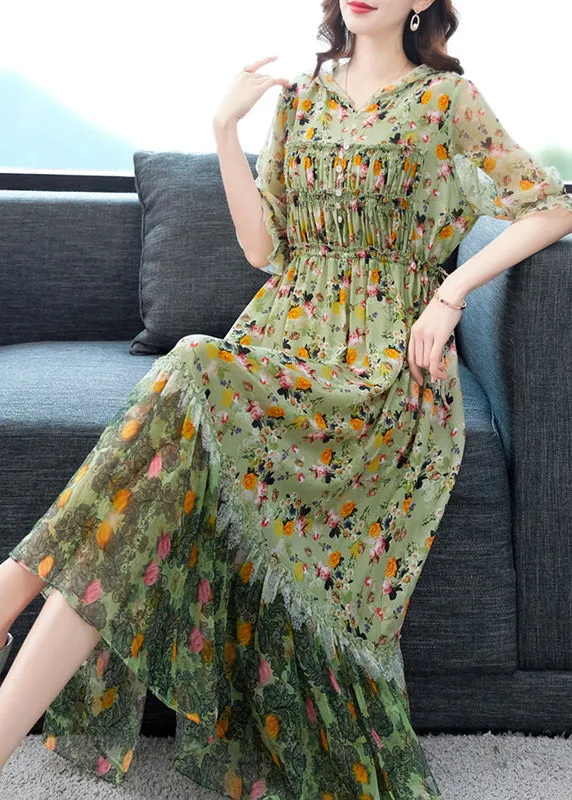 Beautiful Grey Ruffled Print Patchwork Silk Long Dresses Summer BB009