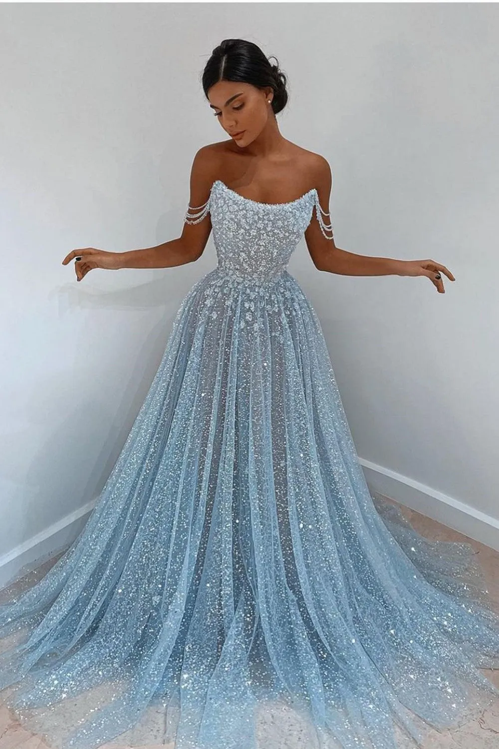 Beautiful Long A-line Scoop Sequined Prom Dress