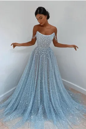 Beautiful Long A-line Scoop Sequined Prom Dress