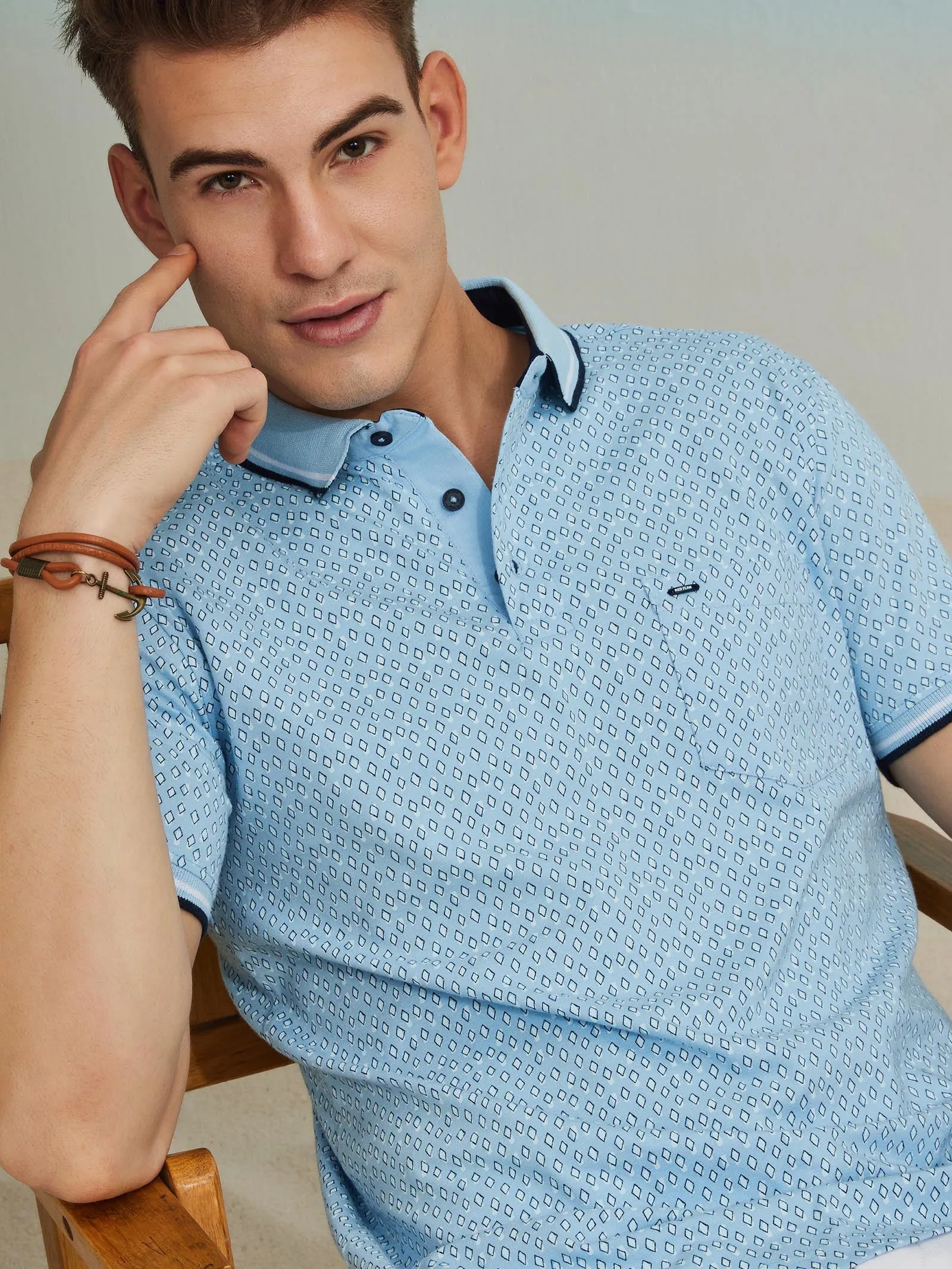 Blue Printed Stretch Polo T-Shirt