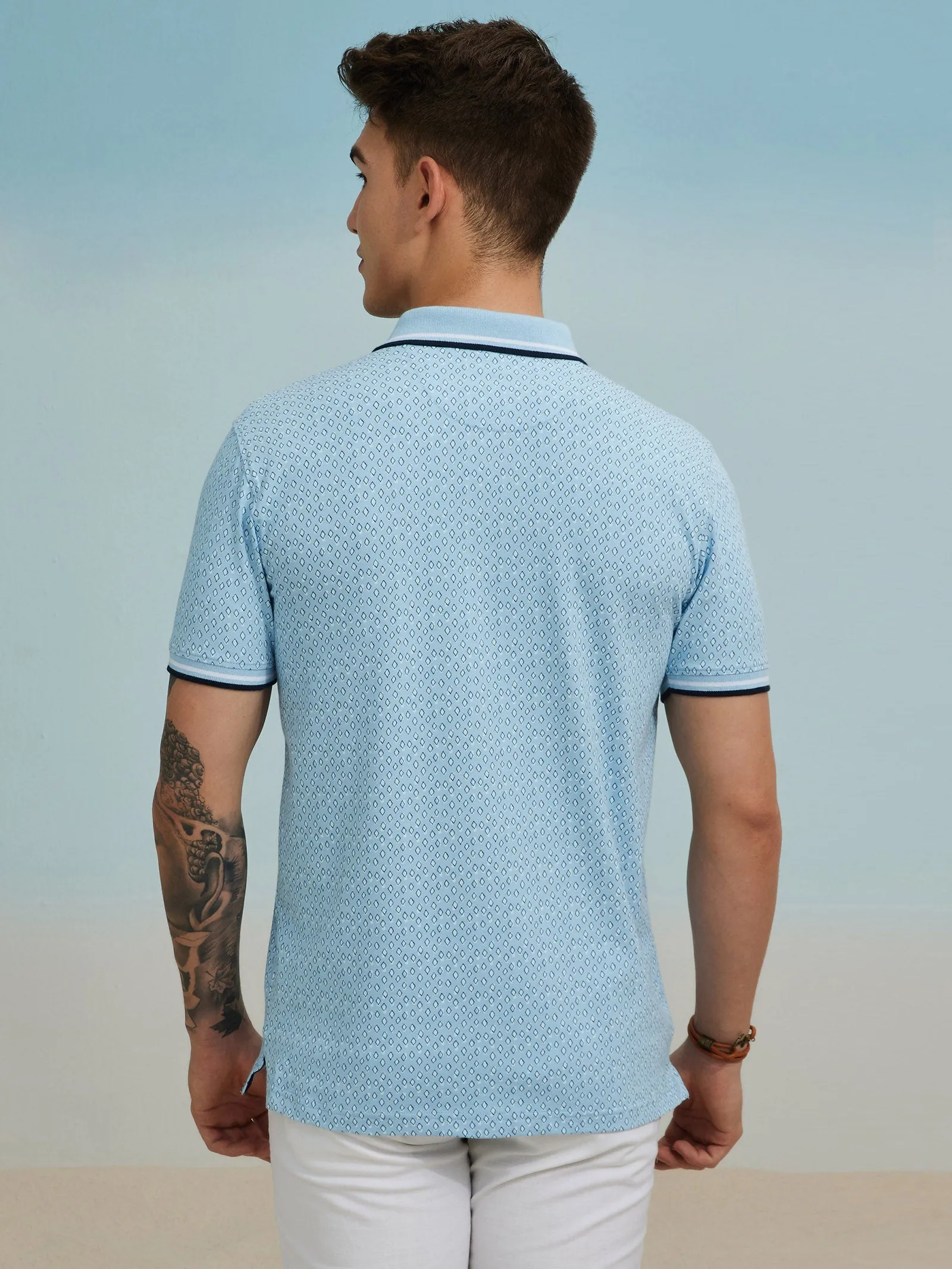 Blue Printed Stretch Polo T-Shirt