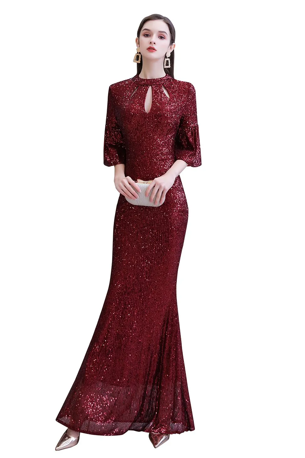 Burgundy Short Sleeve Sequins Long Prom Dress