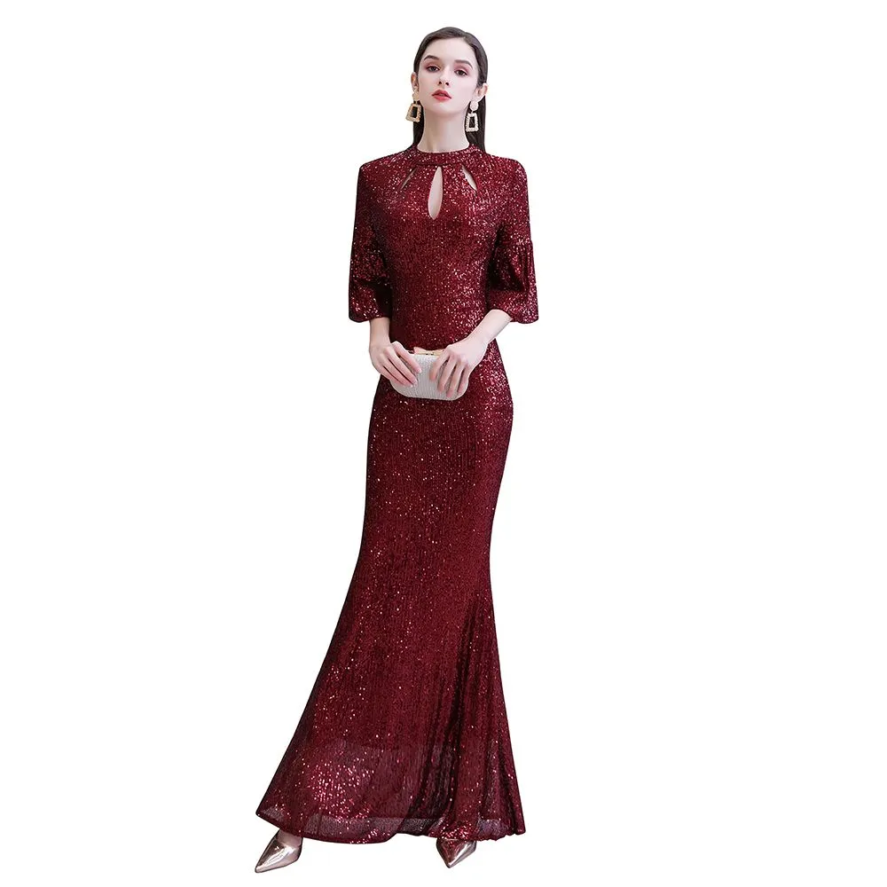 Burgundy Short Sleeve Sequins Long Prom Dress