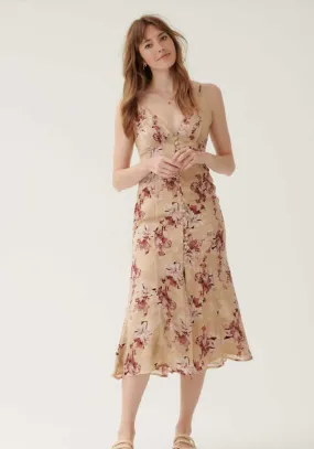 Button Down Detail Midi Dress in Nude Floral- Outlet