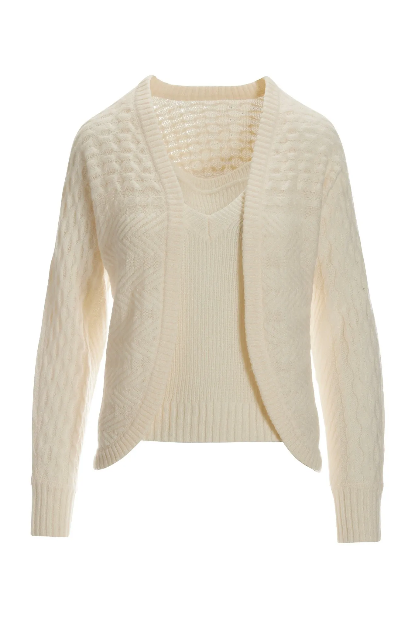 Cable Detail Cardigan And Cami Sweater Set Off White