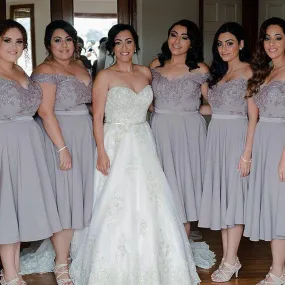 Cap Sleeve Off Shoulder Tea Length Chiffon Lace Grey Sparkly Beads Top Bridesmaid Dresses, WG134