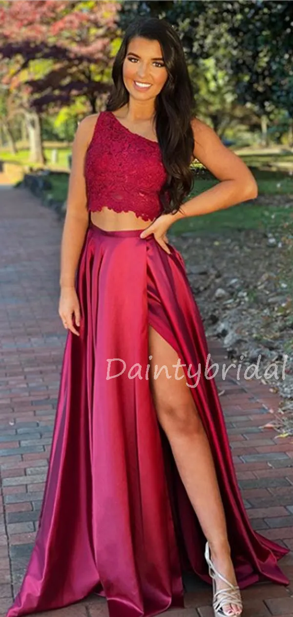 Charming One-shoulder Two-piece Satin Side Slit Long Prom Dresses Evening Dresses.DB10549