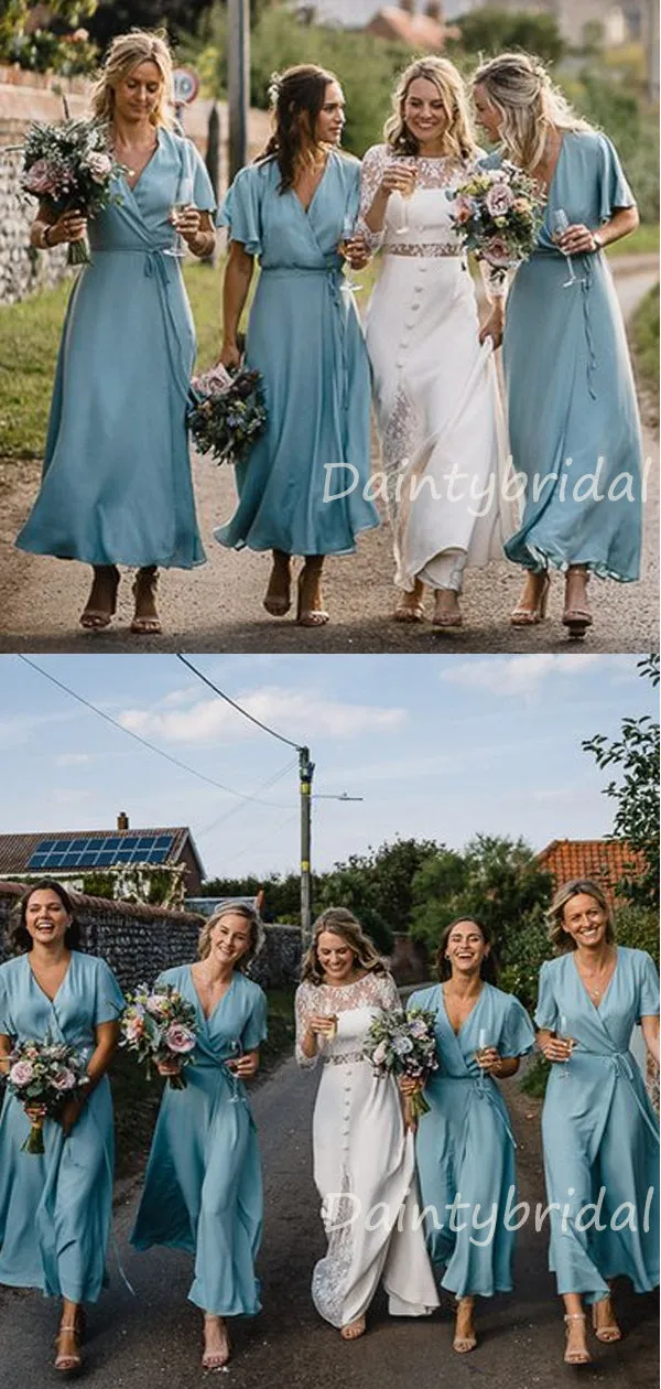 Charming V-neck 1/3Sleeve Morden A-line Long Bridesmaid Dresses.DB10428