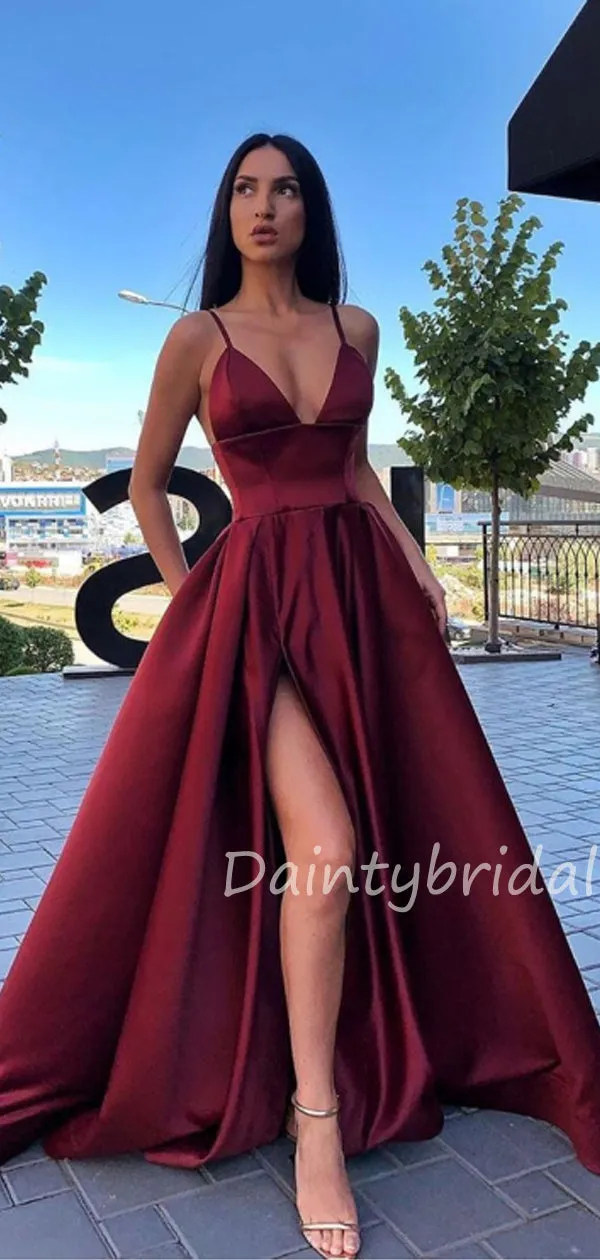 Charming V-neck A-line Satin Side Slit Long Prom Dresses Evening Dresses.DB10414