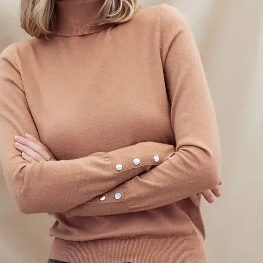 Chic Forever Soft Knit Studded Sleeve Turtle Neck Top