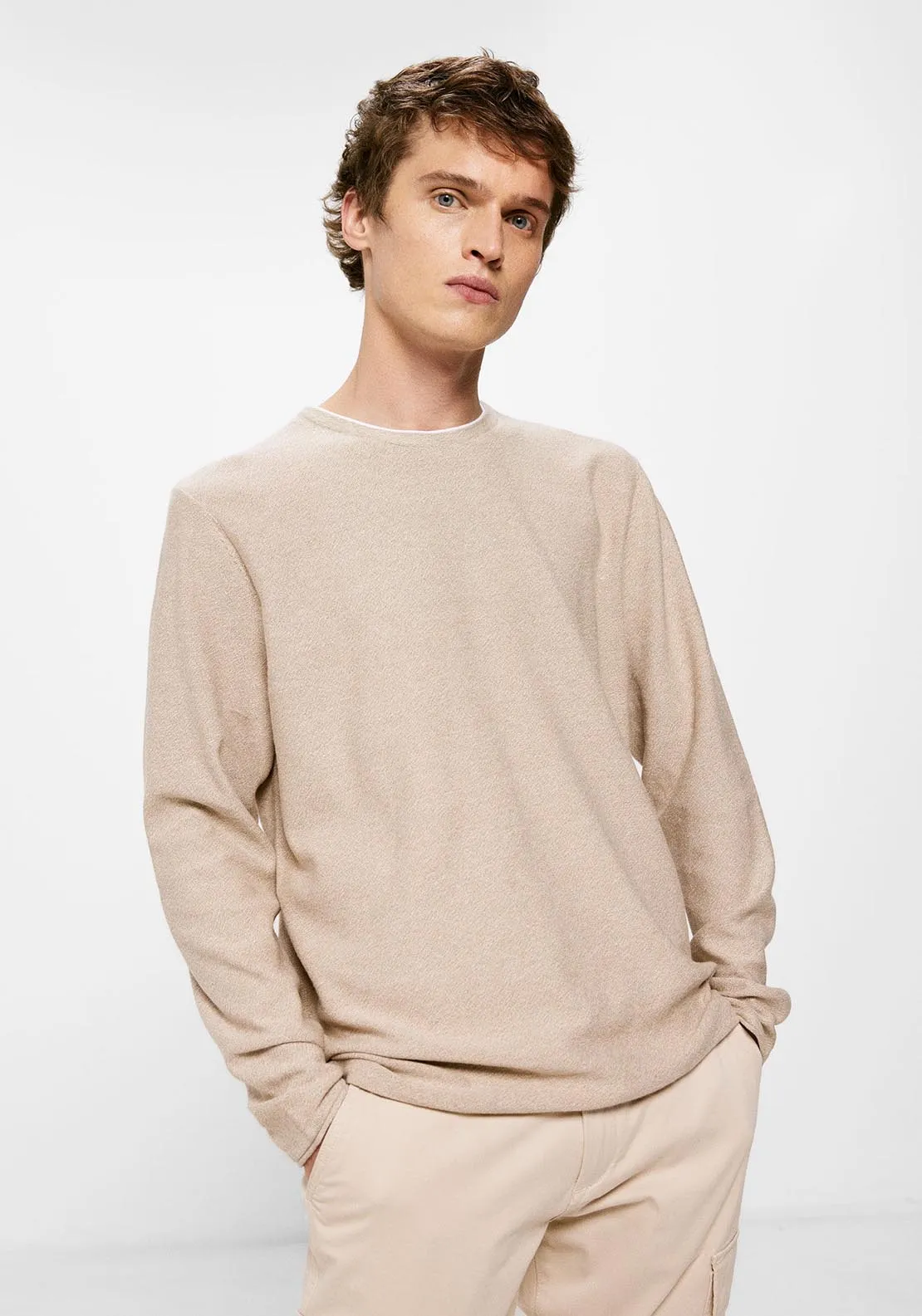 Contrast collar textured jumper - Beige