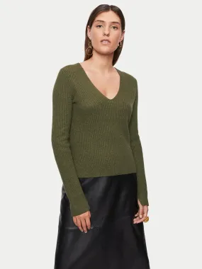 Cotton Blend V Neck Jumper | Green | Green