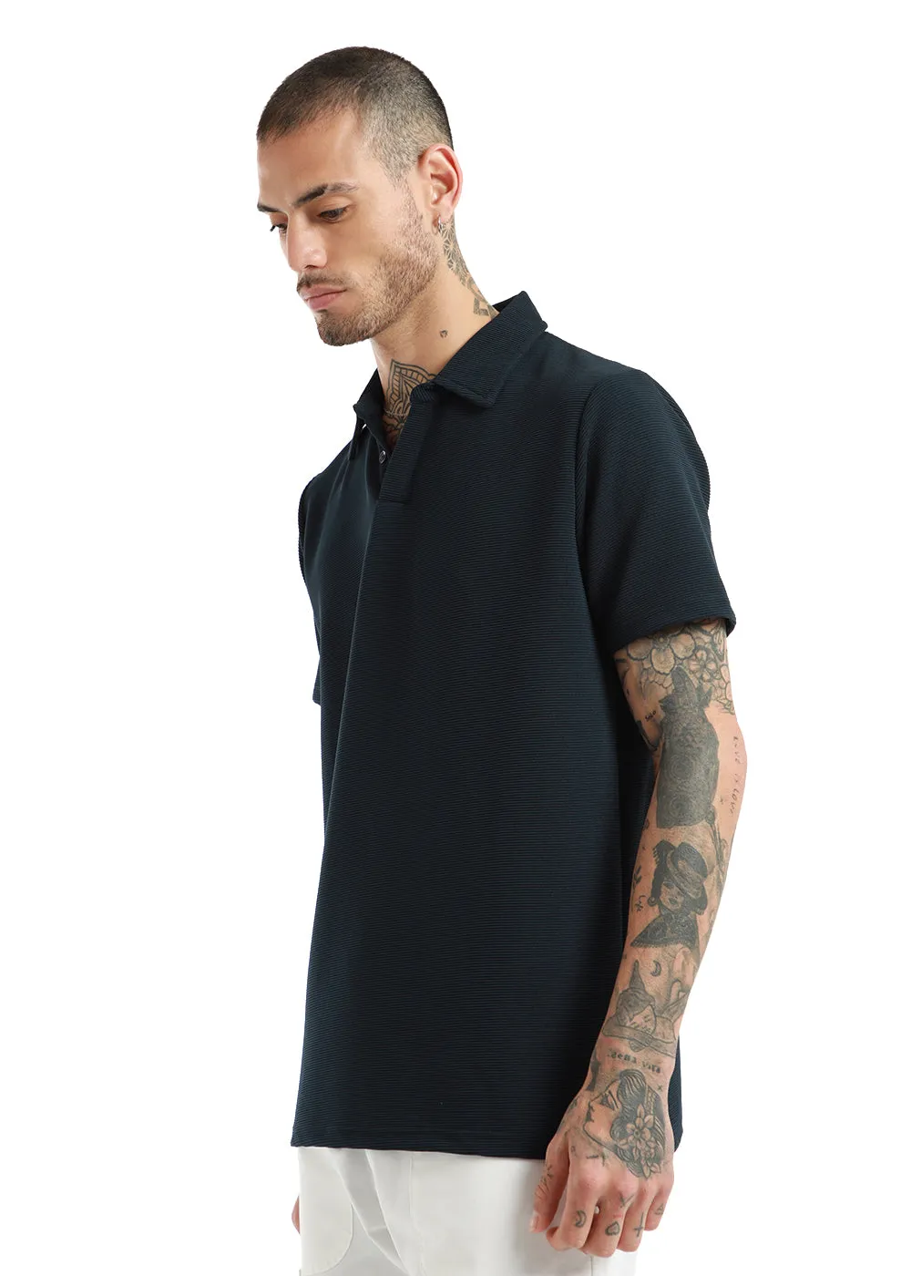 Dark Blue Textured Polo T-shirt