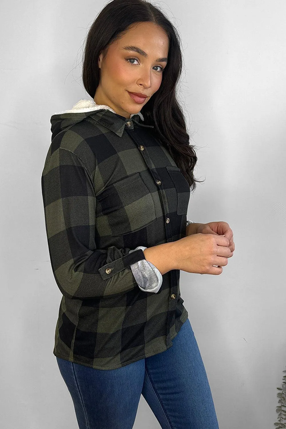 Faux Fur Lined Khaki Plaid Hoodie Shirt