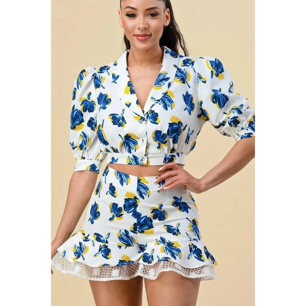 Floral Blouse Short Set - White