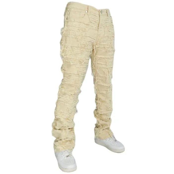 Foreign Brand Politics Thrashed Distressed Stacked Flare Jeans (Cream) DEBRIS504