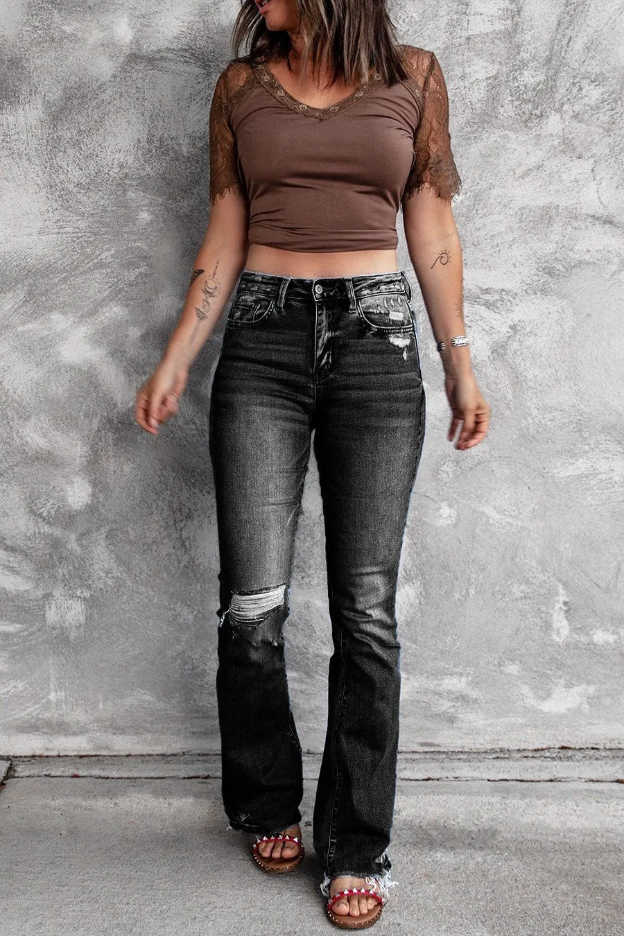 Holes Ripped Tassel Flare Jeans High Waist Denim Ladies Vintage Stretch Slim Jeans