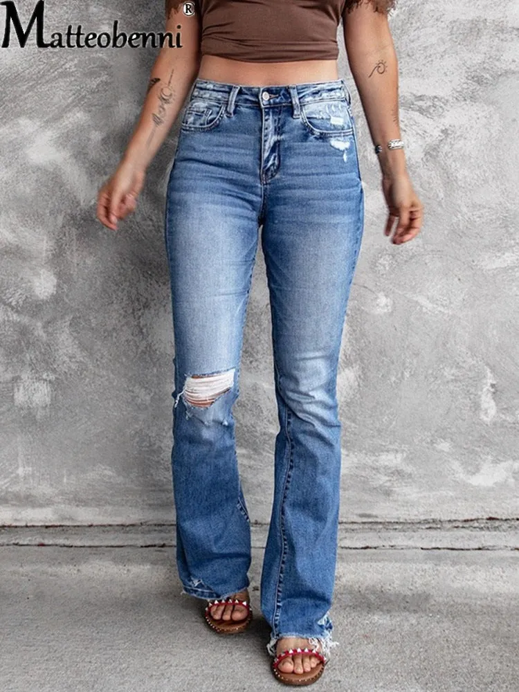 Holes Ripped Tassel Flare Jeans High Waist Denim Ladies Vintage Stretch Slim Jeans