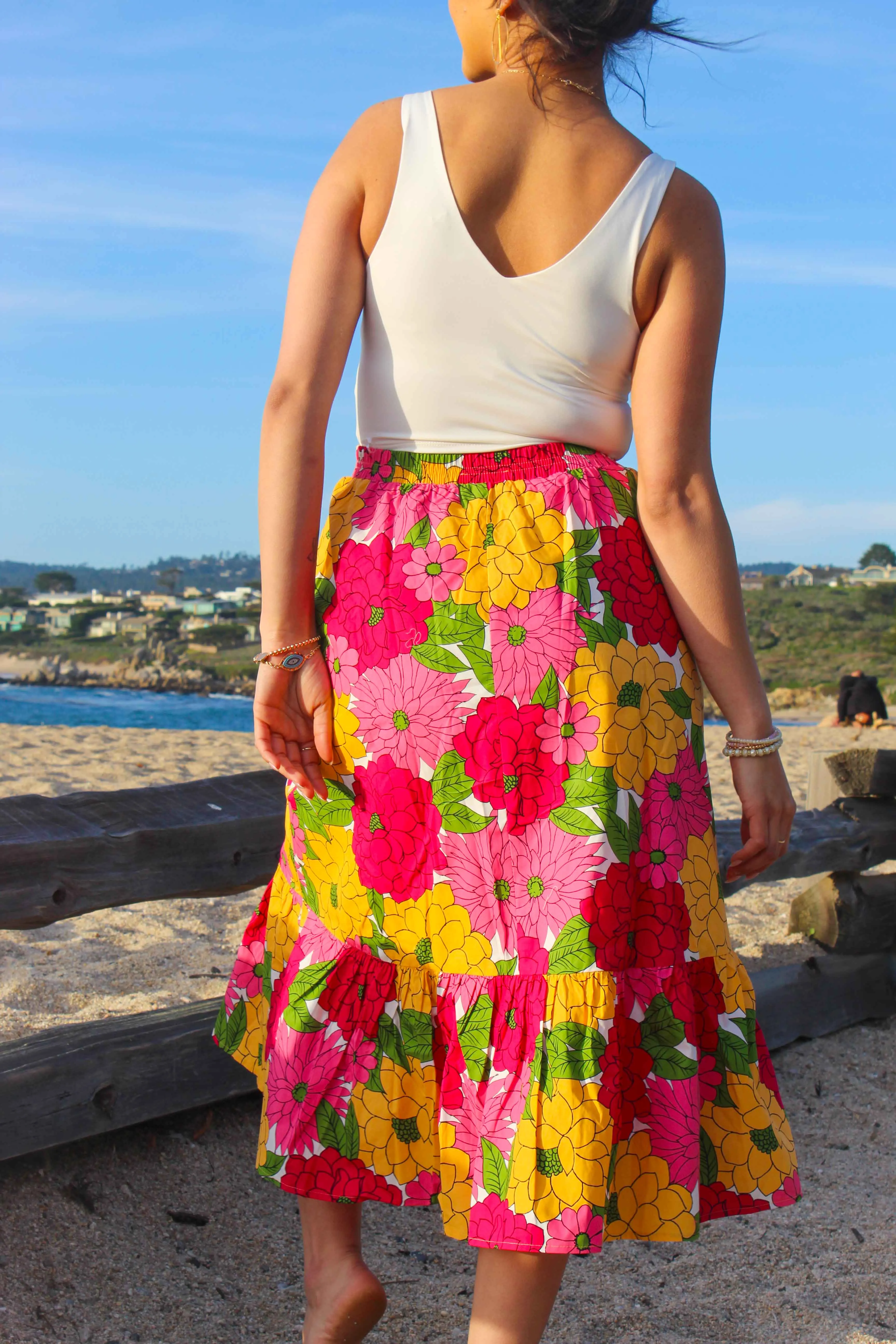 Hydrangeas and Dahlias Print Midi Skirt - Magenta/Multi