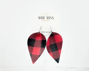 Leather Petal Earring Buffalo Plaid Red 