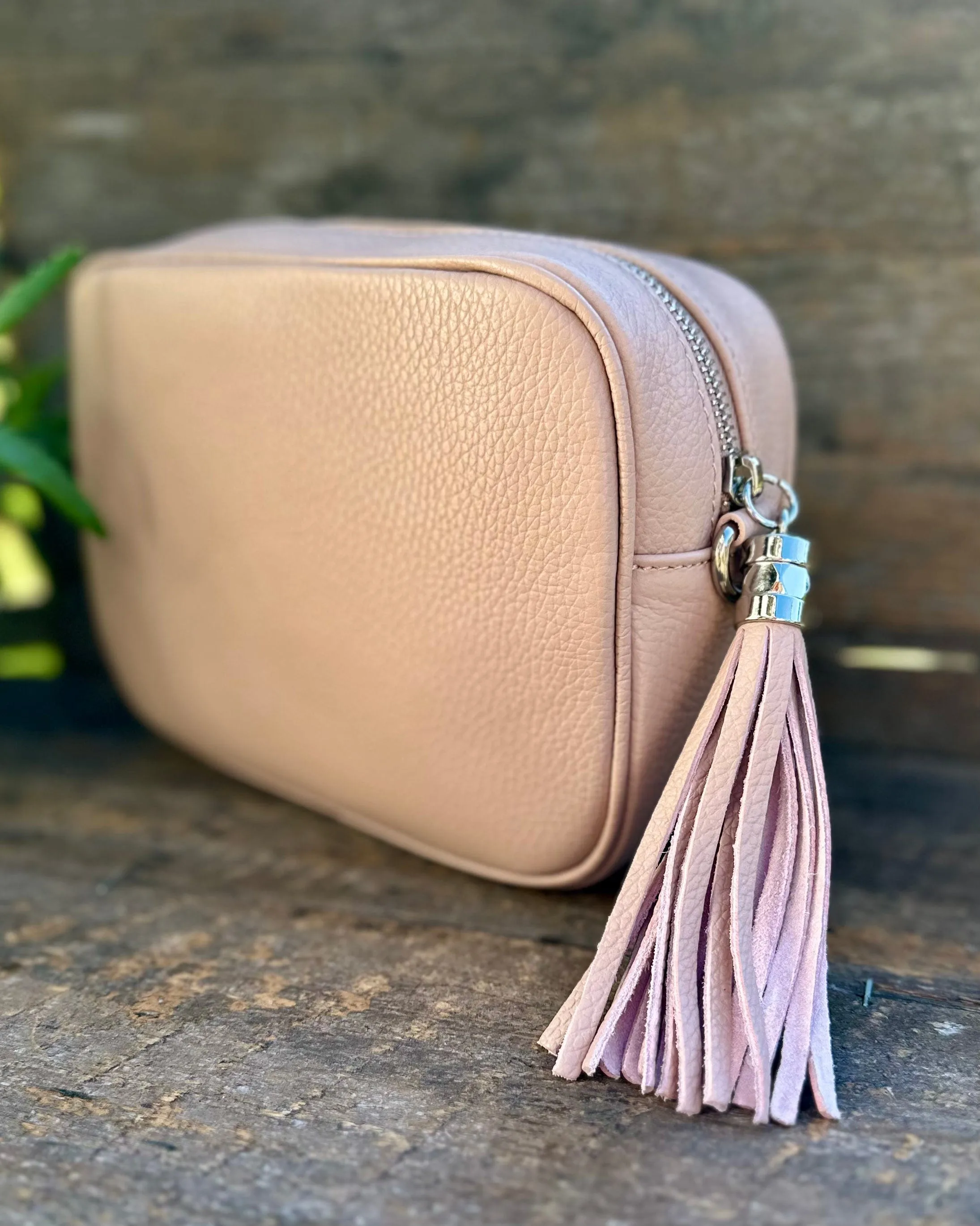 Leather Tassel Bag - Nude With Silver Finishings