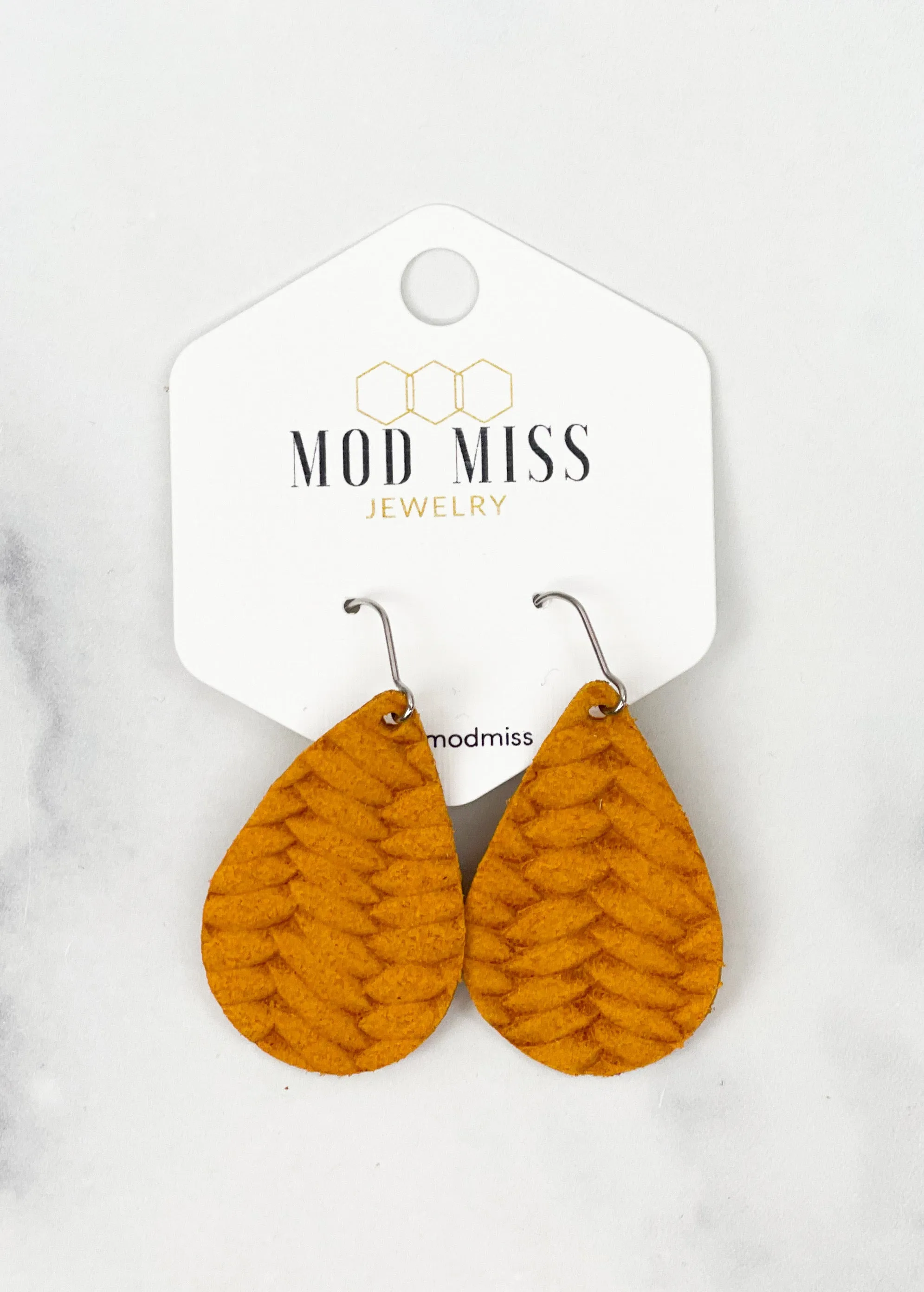 Leather Teardrop Earring Weaved Mustard