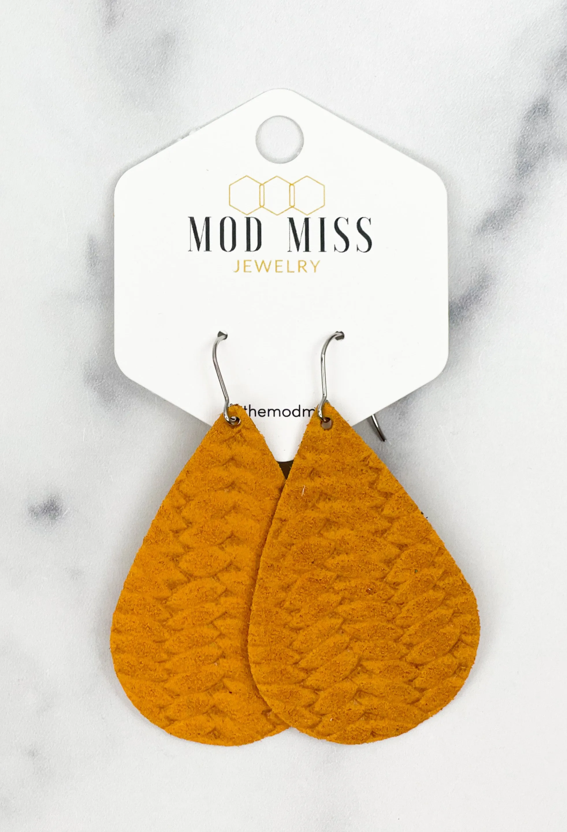 Leather Teardrop Earring Weaved Mustard